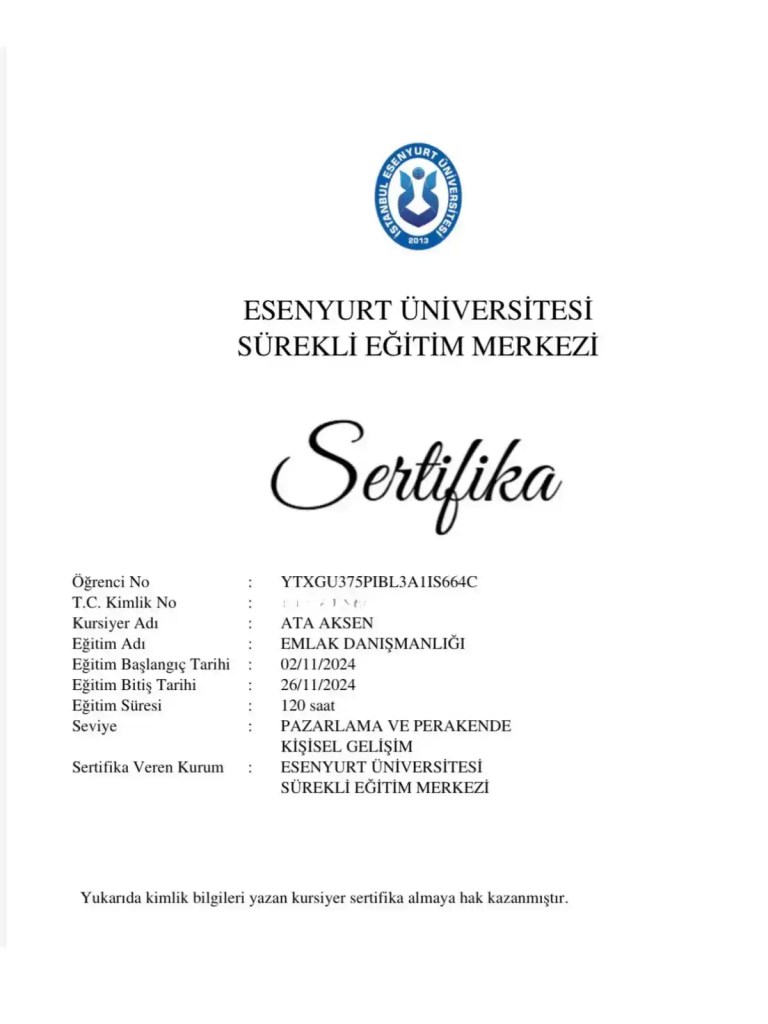 ata aksen emlak sertifikası yeterlilik belgesi